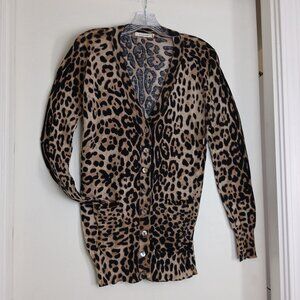 Leopard Print 100% Cotton V-Neck Abalone Button-Up Cardigan With Pockets Sz L
